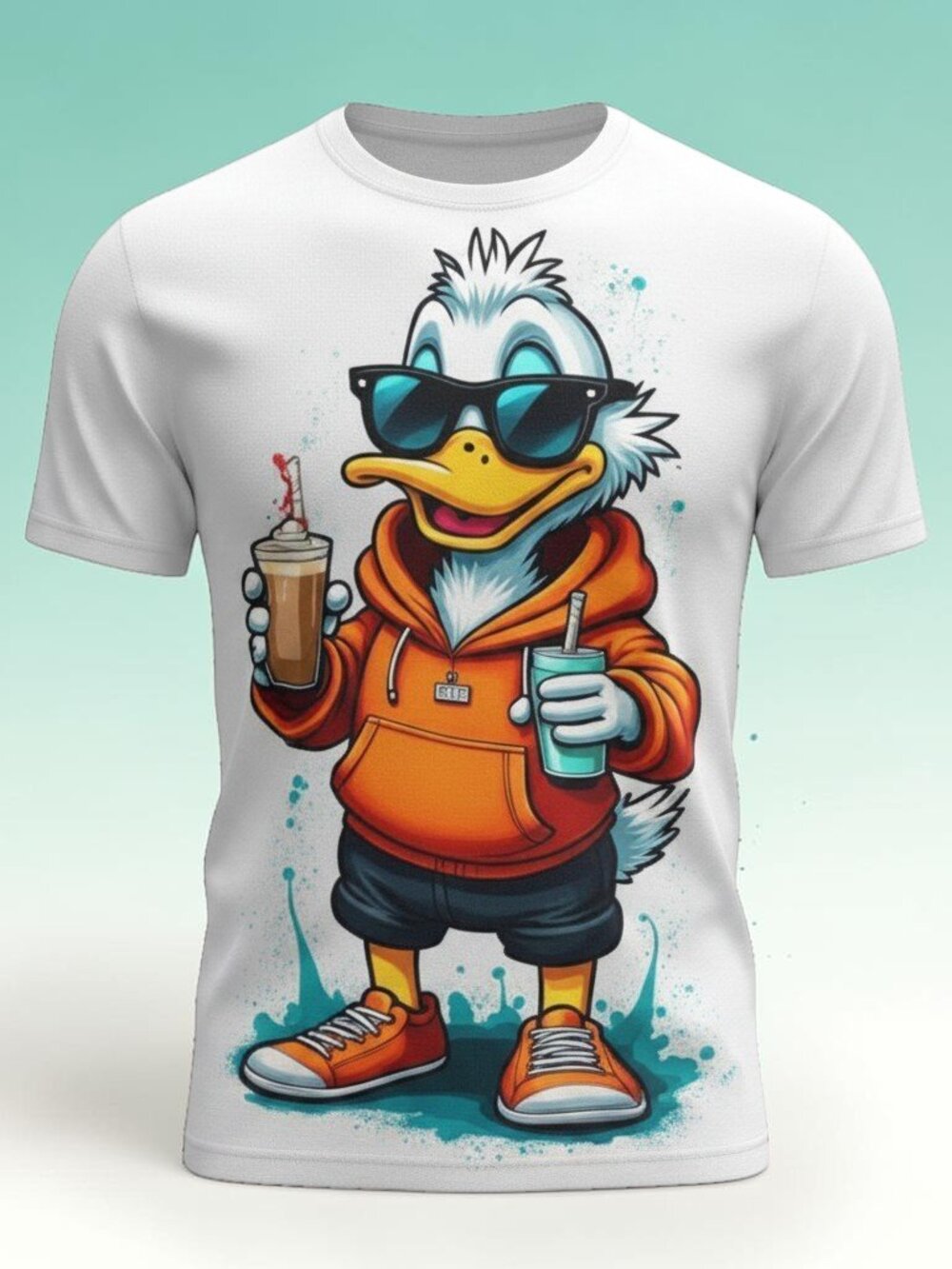 Men's White T-shirt - Graphic Print of White Duck - Large
